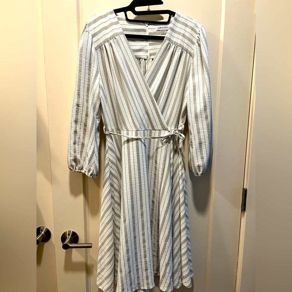 Calvin Klein Faux Wrap 3/4 Sleeved White and Gray Striped Dtess